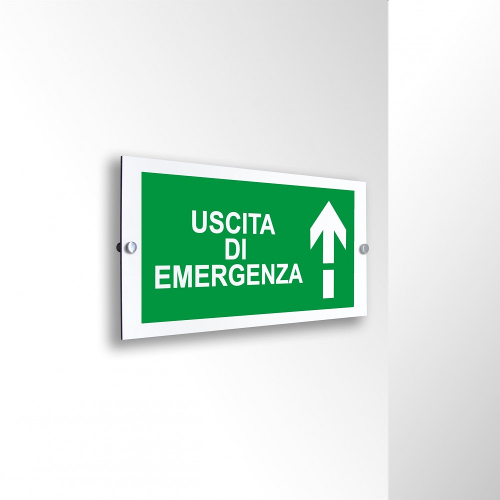 Scritta Uscita d'emergenza alto it in alluminio composito da parete