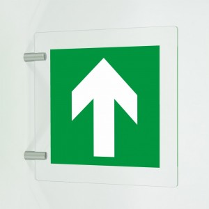 Freccia evacuazione alto in plexiglass trasparente a bandiera