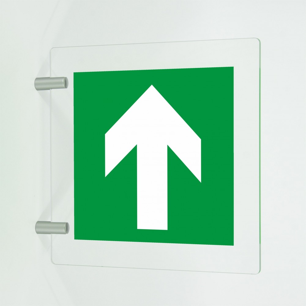 Freccia evacuazione alto in plexiglass trasparente a bandiera