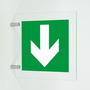 Freccia evacuazione basso in plexiglass trasparente a bandiera