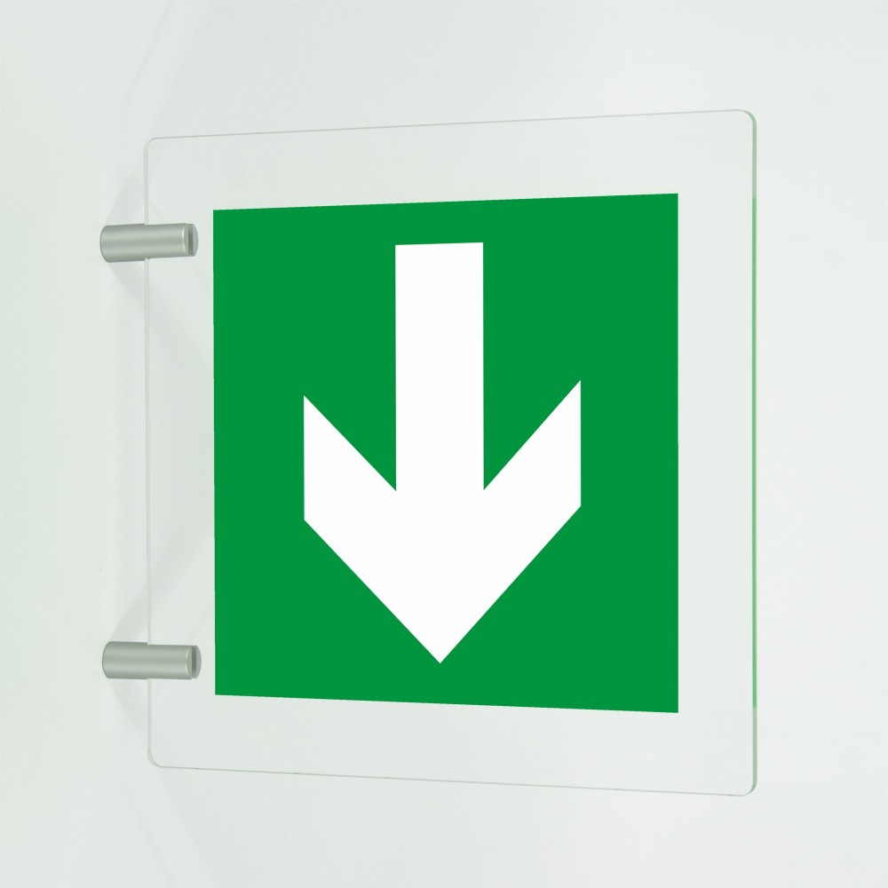 Freccia evacuazione basso in plexiglass trasparente a bandiera