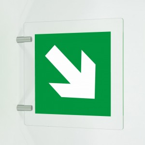 Freccia evacuazione destra basso in plexiglass trasparente a bandiera