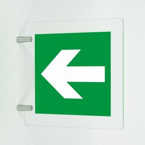 Freccia evacuazione sinistra in plexiglass trasparente a bandiera