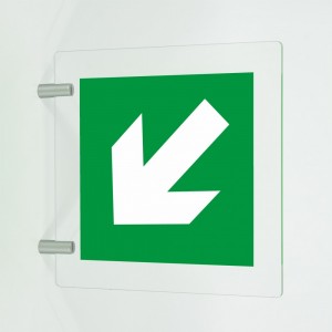 Freccia evacuazione sinistra basso in plexiglass trasparente a bandiera
