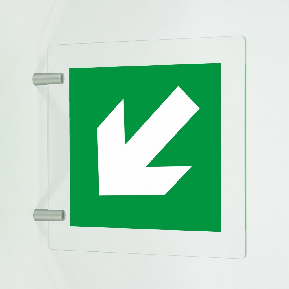 Freccia evacuazione sinistra basso in plexiglass trasparente a bandiera
