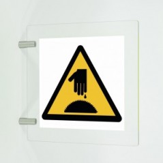 Pericolo sega circolare rischio di tagliarsi in plexiglass trasparente a bandiera