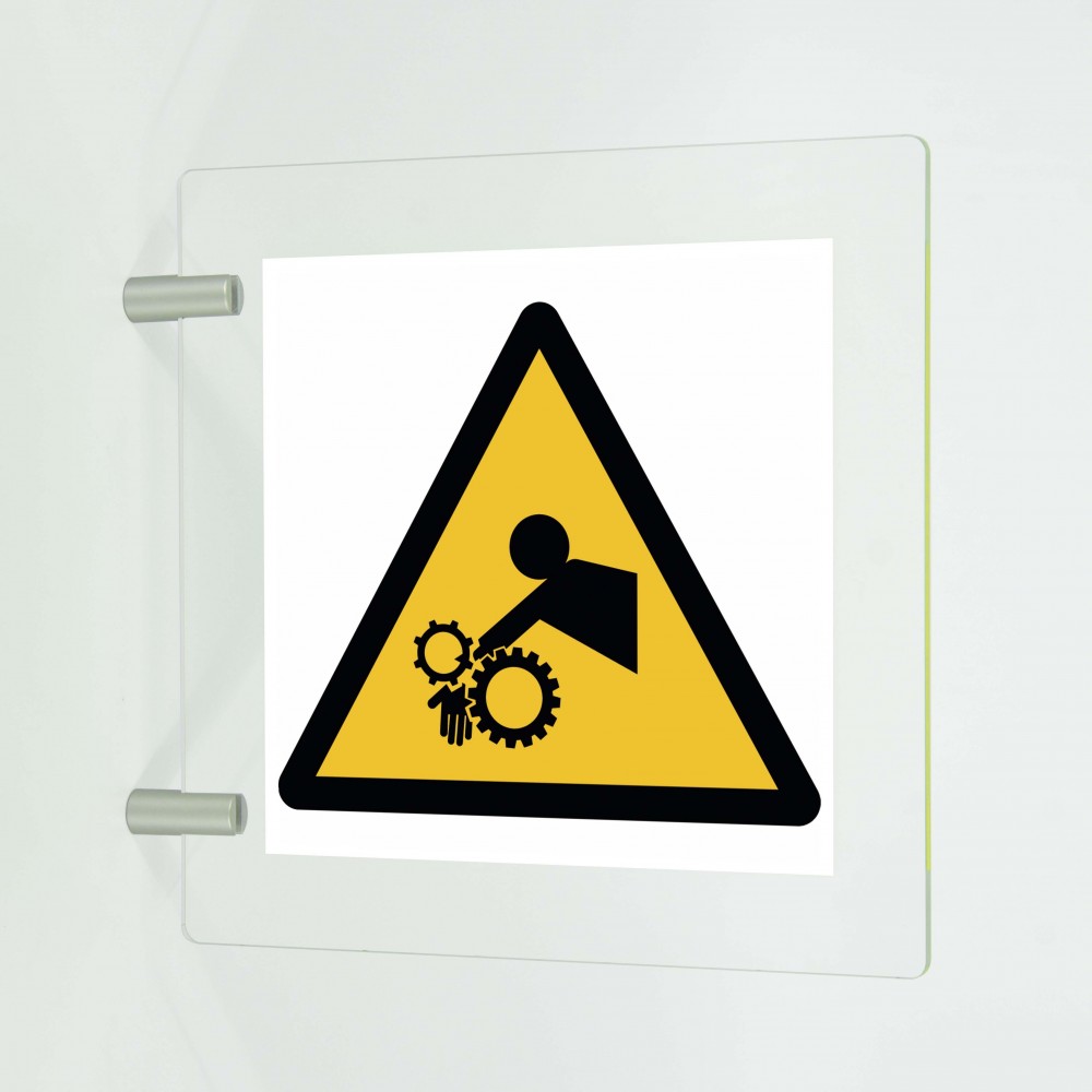 Rischio di trascinamento del braccio nell’ingranaggio in plexiglass trasparente a bandiera