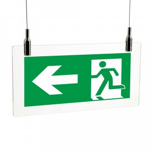 Direzionale uscita di emergenza sinistra in plexiglass trasparente da soffitto