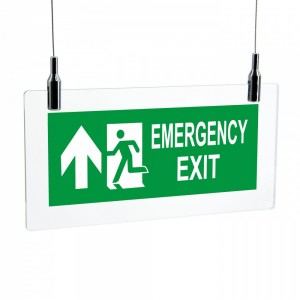Scritta Emergency exit alto in plexiglass trasparente da soffitto