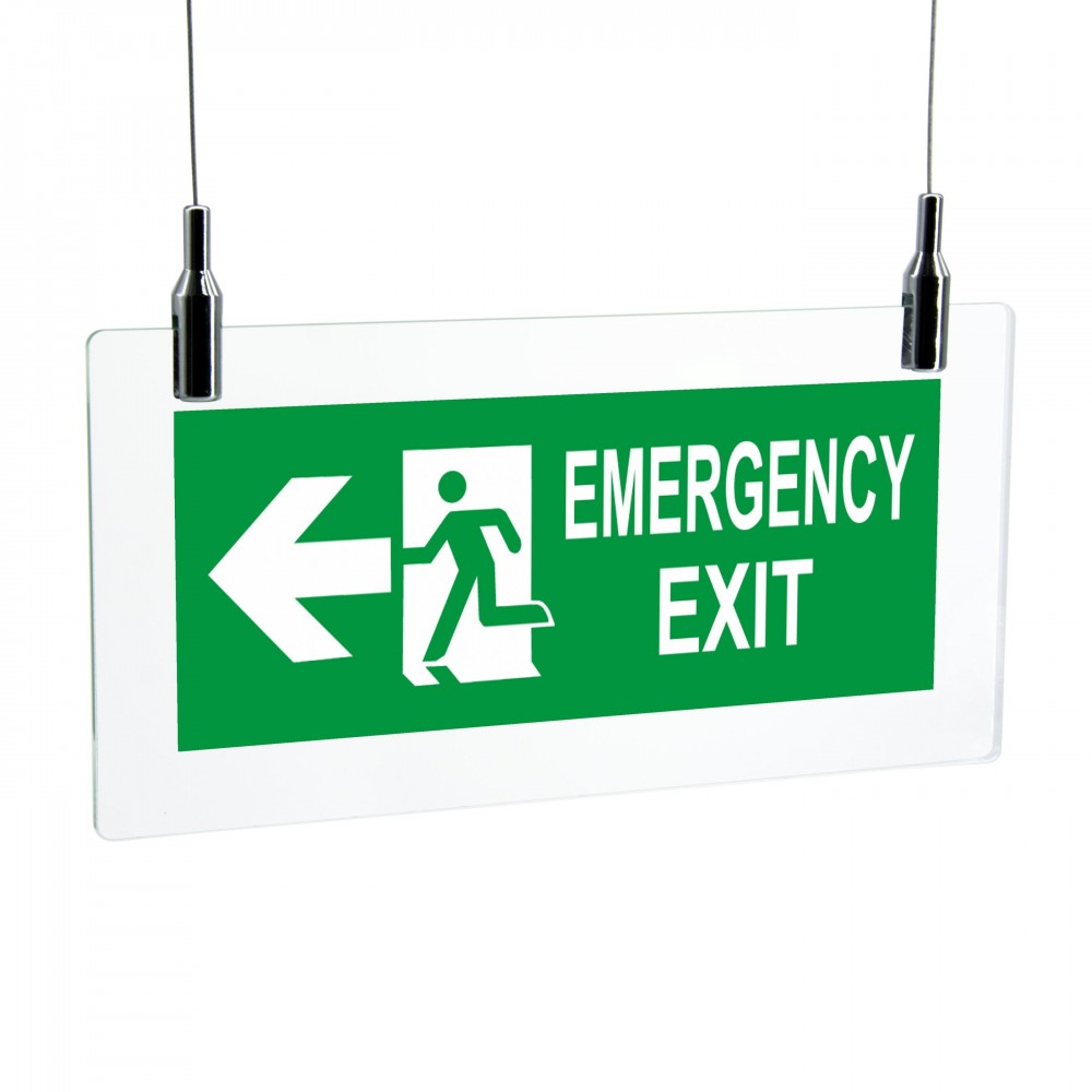 Scritta Emergency exit sinistra in plexiglass trasparente da soffitto