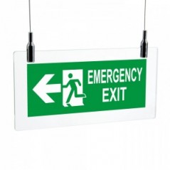 Scritta Emergency exit sinistra in plexiglass trasparente da soffitto