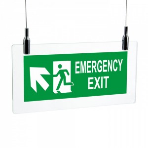 Scritta Emergency exit sinistra alto in plexiglass trasparente da soffitto