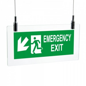 Scritta Emergency exit sinistra basso in plexiglass trasparente da soffitto