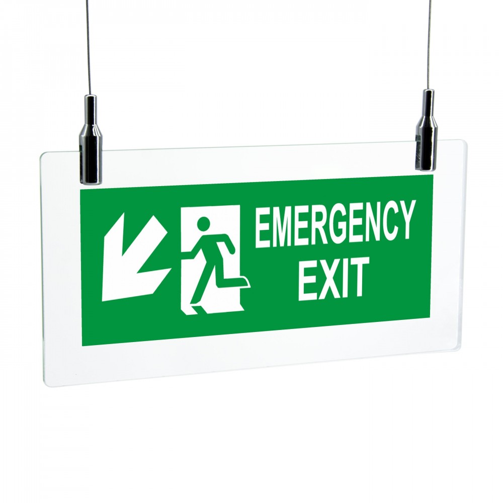 Scritta Emergency exit sinistra basso in plexiglass trasparente da soffitto