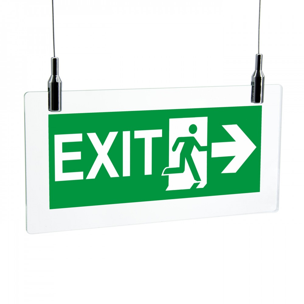 Scritta Exit destra in plexiglass trasparente da soffitto