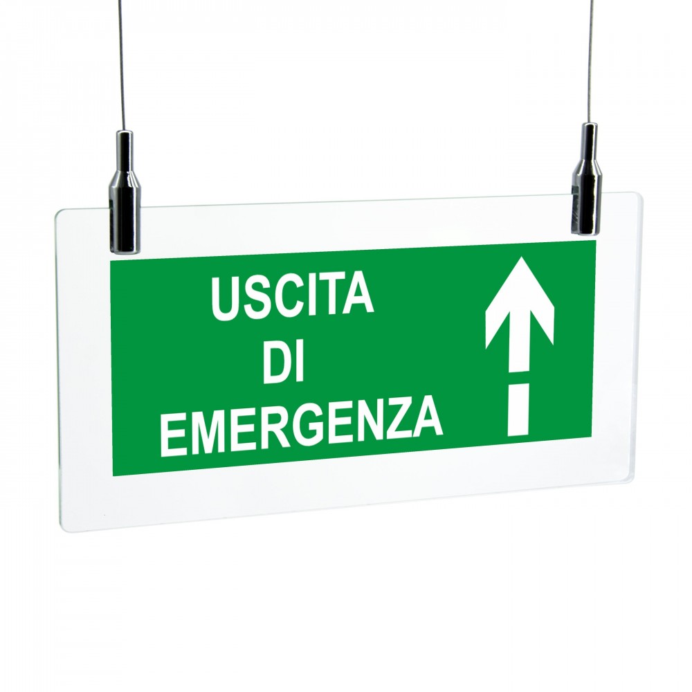 Scritta Uscita d'emergenza alto it in plexiglass trasparente da soffitto