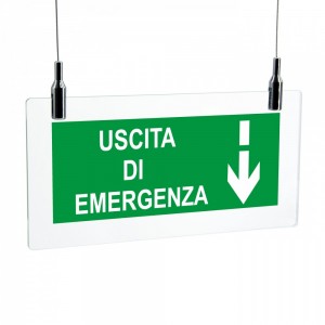 Scritta Uscita d'emergenza basso it in plexiglass trasparente da soffitto