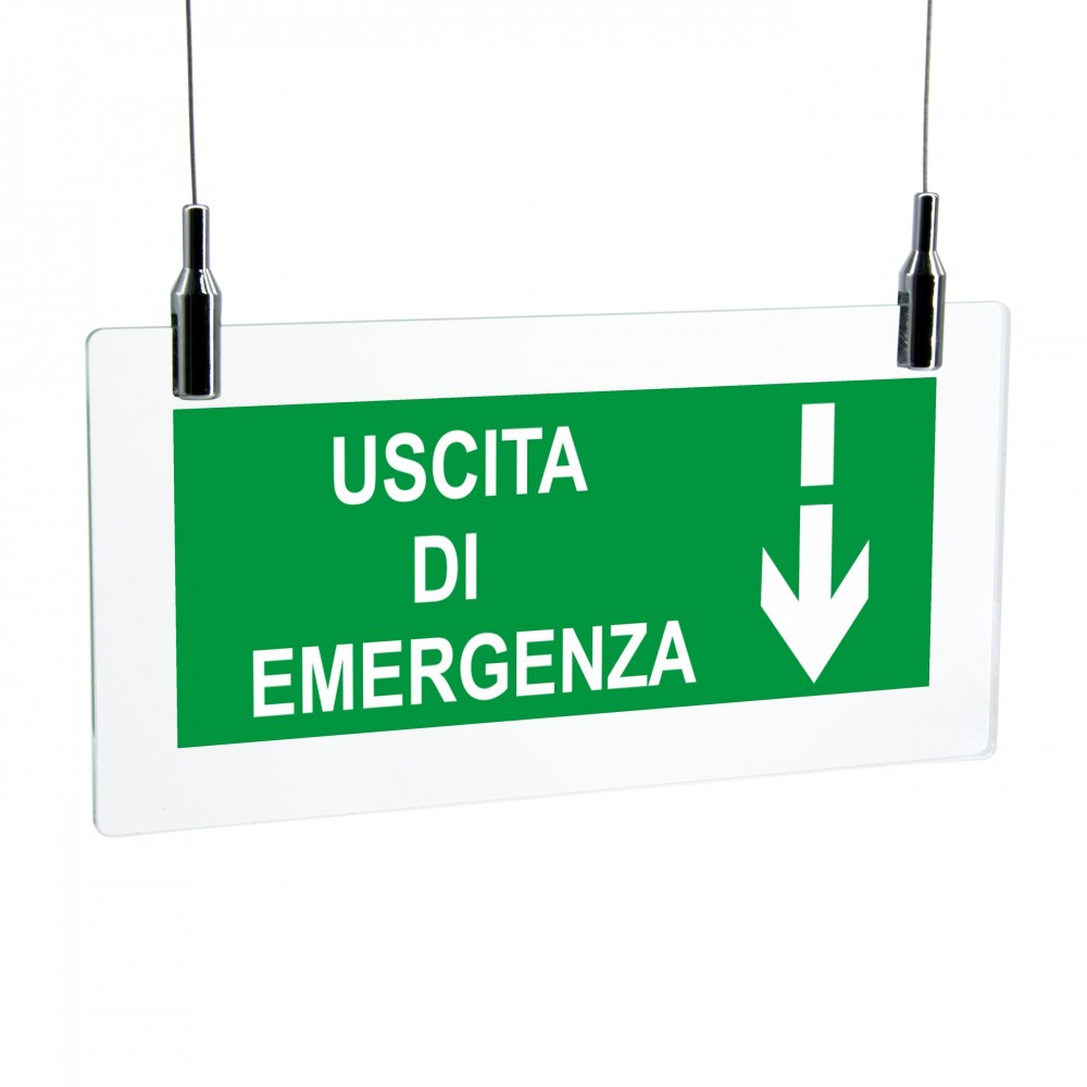 Scritta Uscita d'emergenza basso it in plexiglass trasparente da soffitto