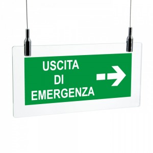 Scritta Uscita d'emergenza destra it in plexiglass trasparente da soffitto