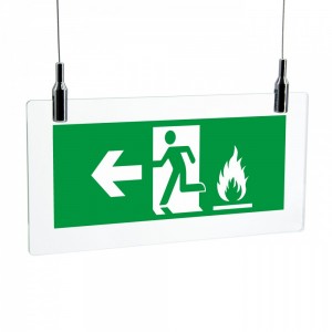 Uscita emergenza con fiamme sinistra in plexiglass trasparente da soffitto