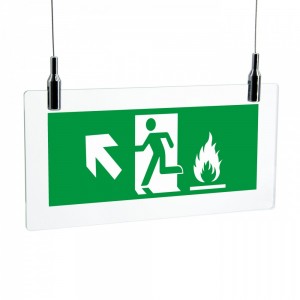 Uscita emergenza con fiamme sinistra alto in plexiglass trasparente da soffitto