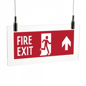 Scritta Fire exit alto in plexiglass trasparente da soffitto