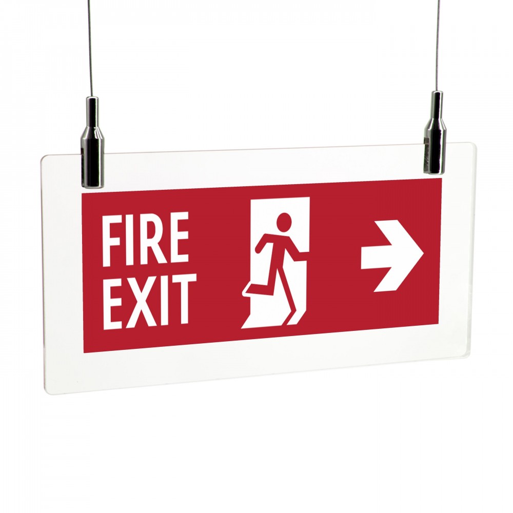 Scritta Fire exit destra in plexiglass trasparente da soffitto