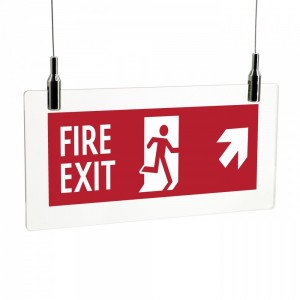 Scritta Fire exit destra alto in plexiglass trasparente da soffitto