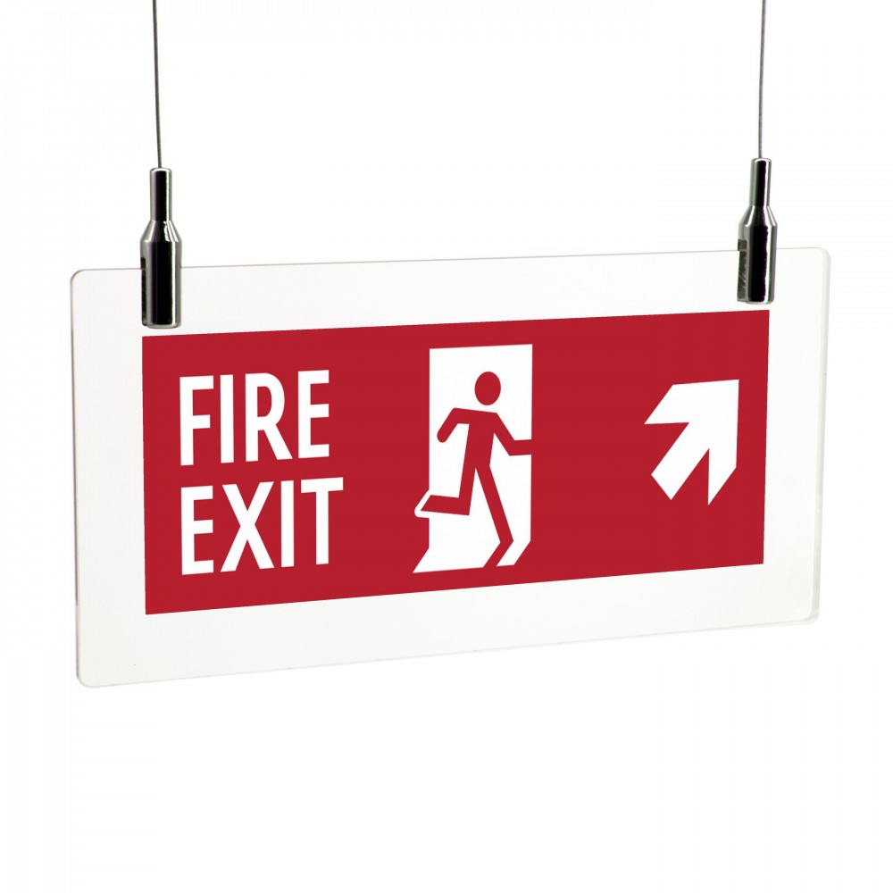 Scritta Fire exit destra alto in plexiglass trasparente da soffitto