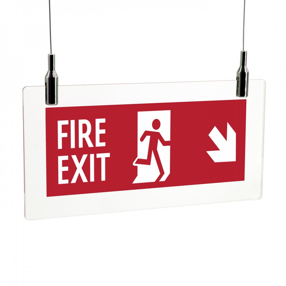 Scritta Fire exit destra basso in plexiglass trasparente da soffitto