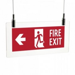Scritta Fire exit sinistra in plexiglass trasparente da soffitto