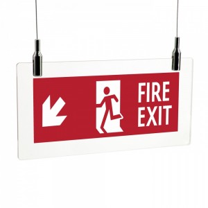 Scritta Fire exit sinistra basso in plexiglass trasparente da soffitto