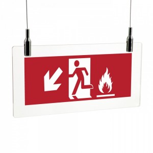 Uscita antincendio con fiamme sinistra basso in plexiglass trasparente da soffitto