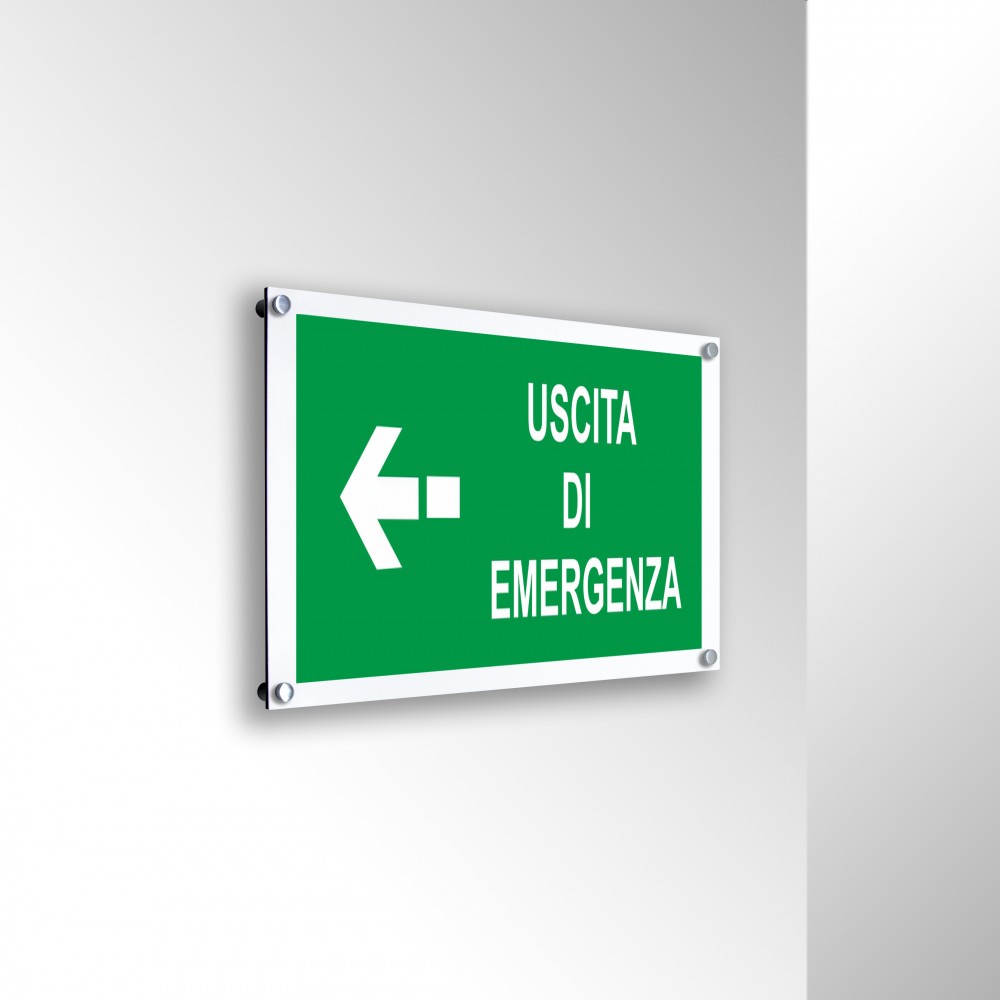 Scritta Uscita d'emergenza sinistra it in alluminio composito da parete