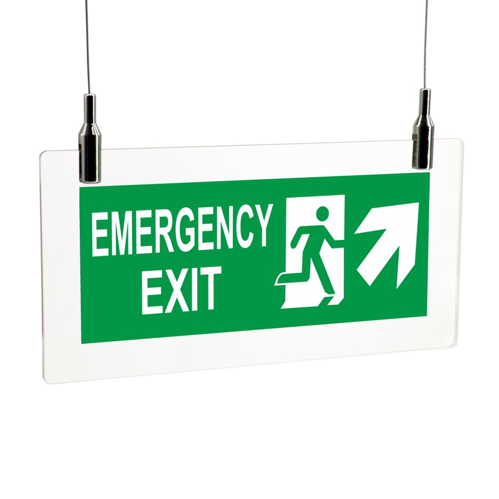 Scritta Emergency exit destra alto in plexiglass trasparente da soffitto