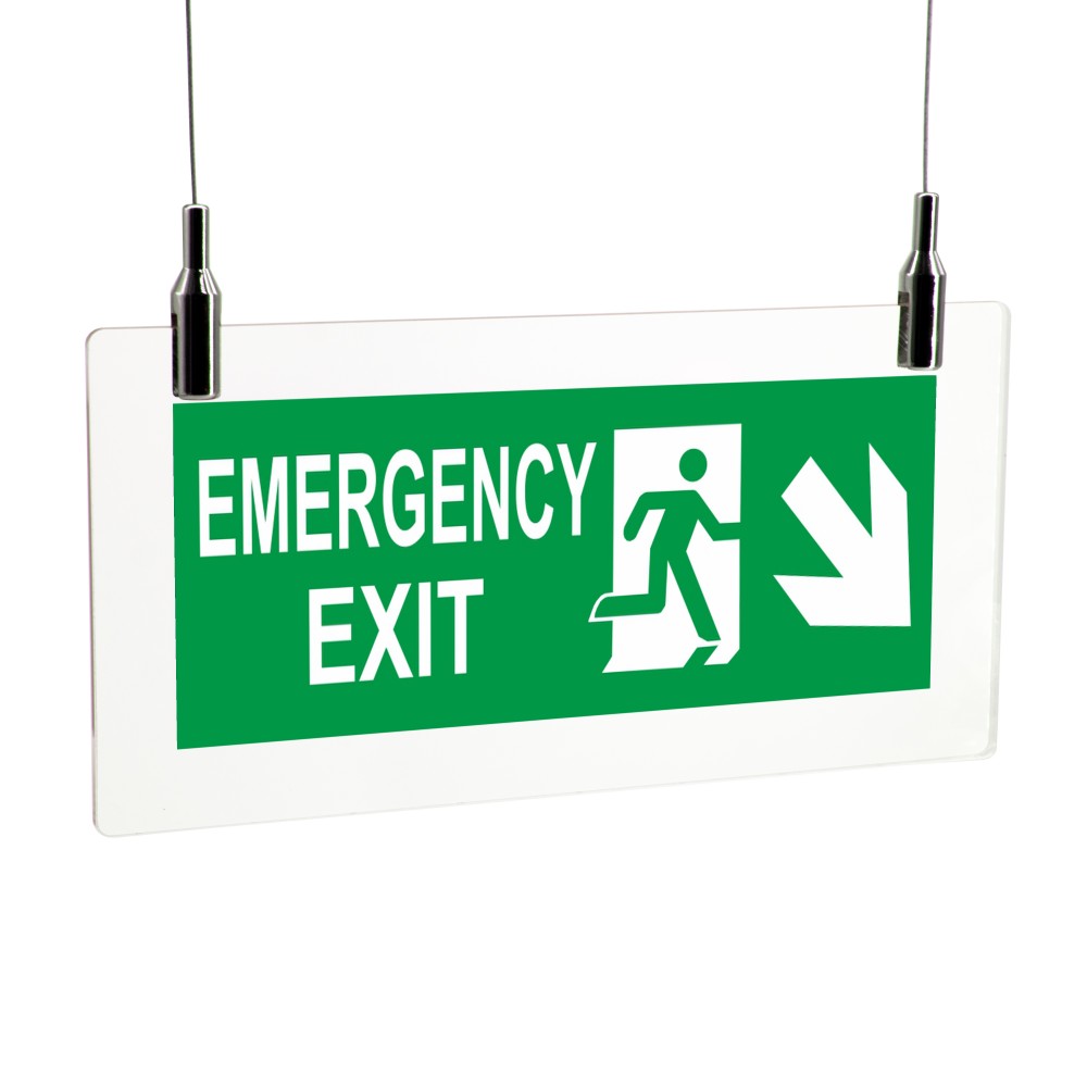Scritta Emergency exit destra basso in plexiglass trasparente da soffitto