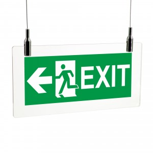 Scritta Exit sinistra in plexiglass trasparente da soffitto