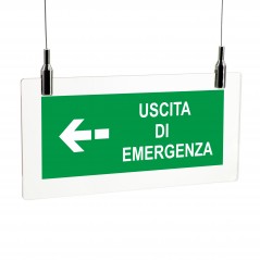 Scritta Uscita d'emergenza sinistra it in plexiglass trasparente da soffitto