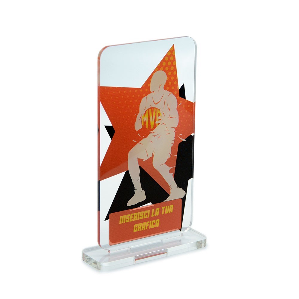 Trofeo di Partecipazione in plexiglass trasparente retrostampato rettangolare verticale con angoli arrotondati