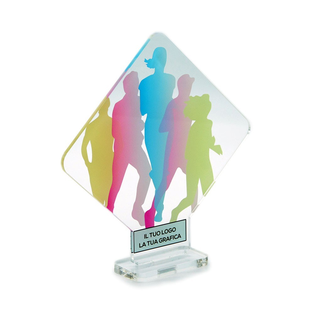 Trofeo di Partecipazione in plexiglass trasparente retrostampato rombo con angoli arrotondati