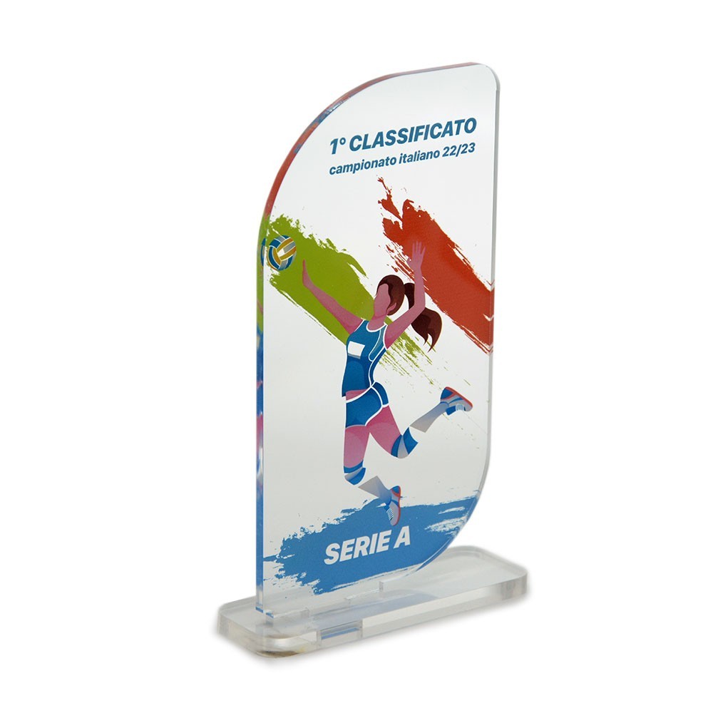 Trofeo di Partecipazione in plexiglass trasparente retrostampato rettangolare verticale con due angoli opposti molto arrotondati