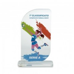 Trofeo di Partecipazione in plexiglass trasparente retrostampato rettangolare verticale con due angoli opposti molto arrotondati