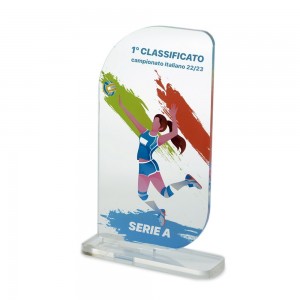Trofeo di Partecipazione in plexiglass trasparente retrostampato rettangolare verticale con due angoli opposti molto arrotondati