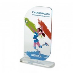 Trofeo di Partecipazione in plexiglass trasparente retrostampato rettangolare verticale con due angoli opposti molto arrotondati