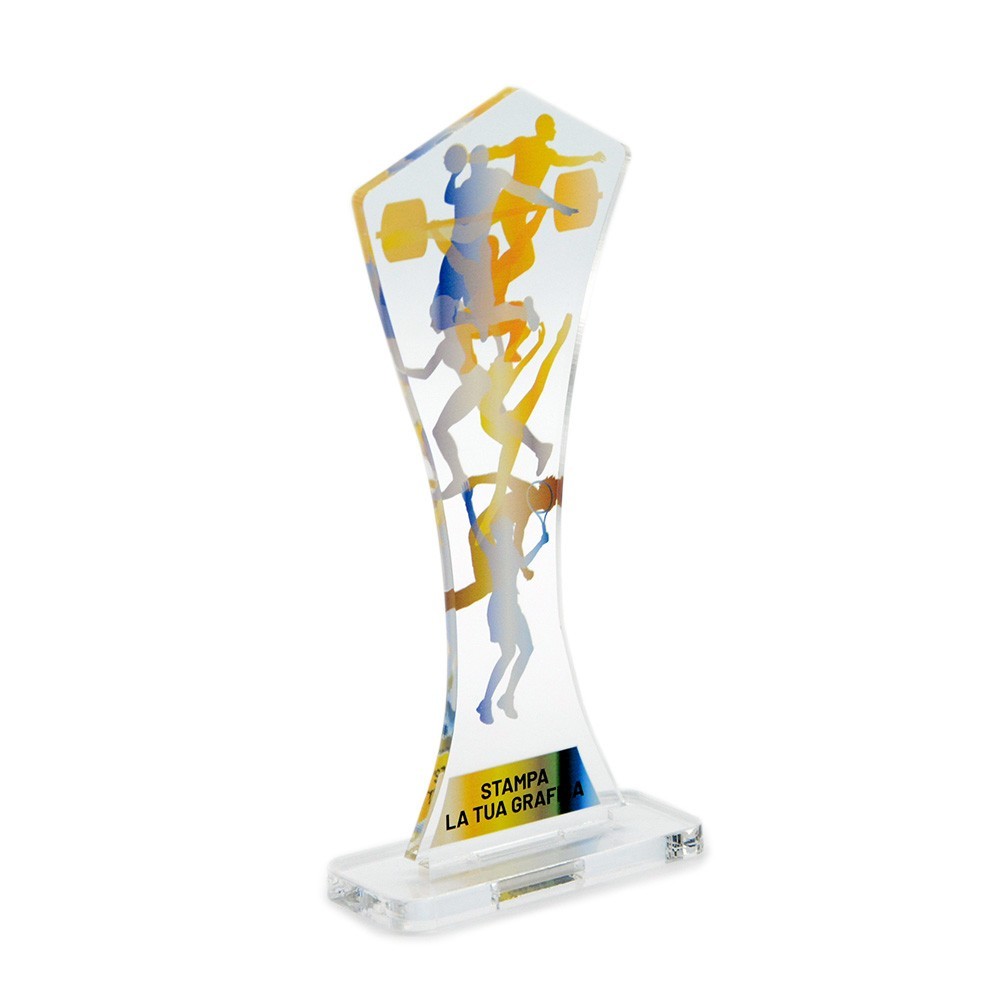 Trofeo di Partecipazione in plexiglass trasparente retrostampato pentagono con due lati curvi
