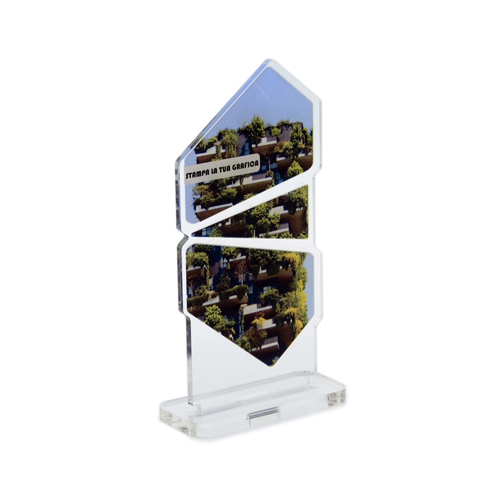 Trofeo Smart in plexiglass trasparente retrostampato doppio pentagono irregolare e triangolo