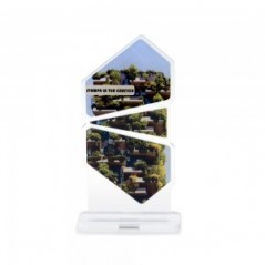 Trofeo Smart in plexiglass trasparente retrostampato doppio pentagono irregolare e triangolo