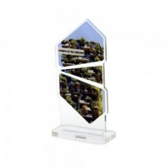 Trofeo Smart in plexiglass trasparente retrostampato doppio pentagono irregolare e triangolo