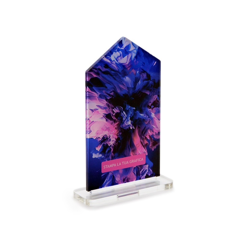 Trofeo Template in plexiglass trasparente retrostampato pentagono irregolare verticale