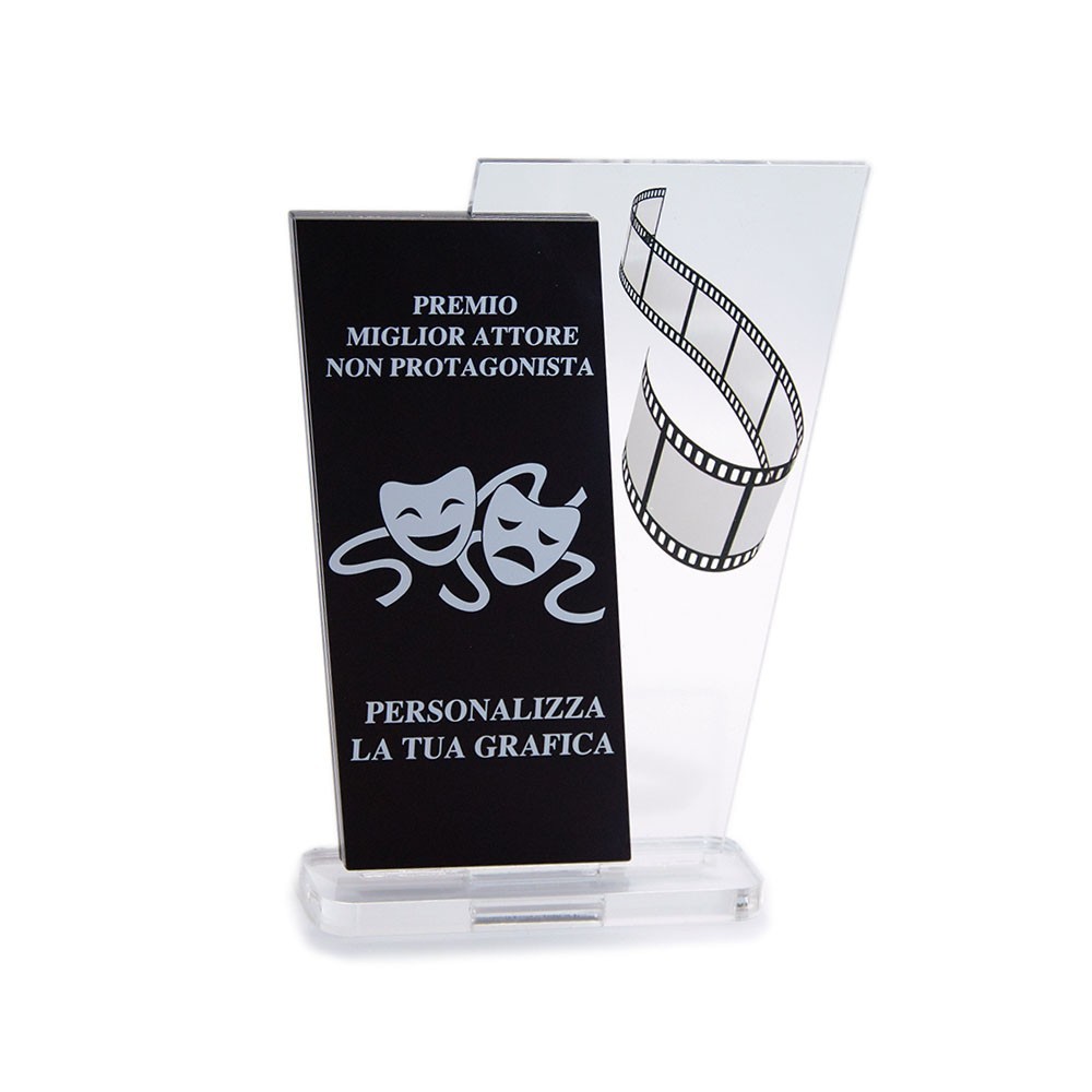 Trofeo Nero Opaco in plexiglass trasparente retrostampato doppio parallelogramma verticale